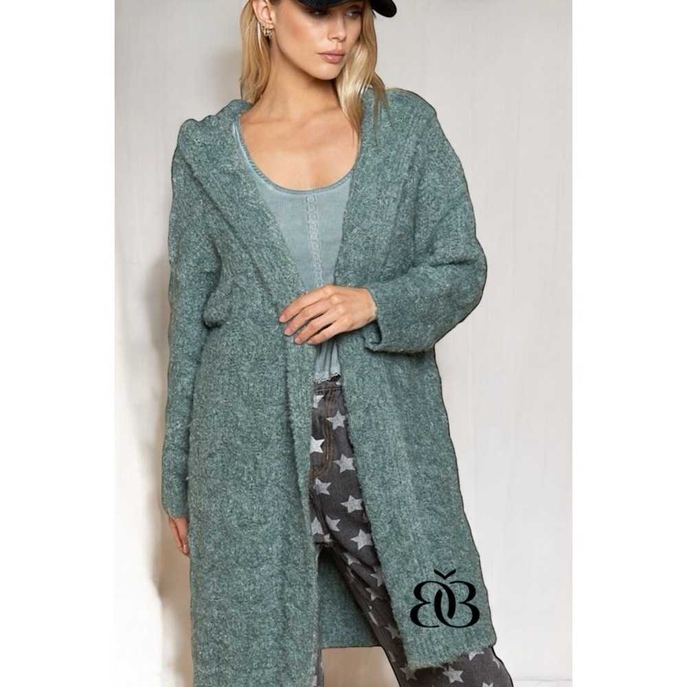 POL Jade Green Plush & Fuzzy Soft Knit Hooded Long Cardigan Solid Color - Picture 6 of 6